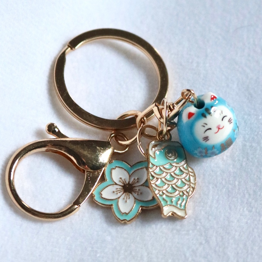 Lucky Cat Maneki Neko Keychain Bag Charm Kawaii Blue Gold Fish Flower Japanese